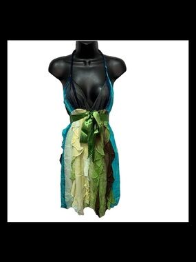 BCBG Maxazria Silk Halter Dress Ruffle Fairy Boho Y2K 90s Green Blue 4 Mermaid